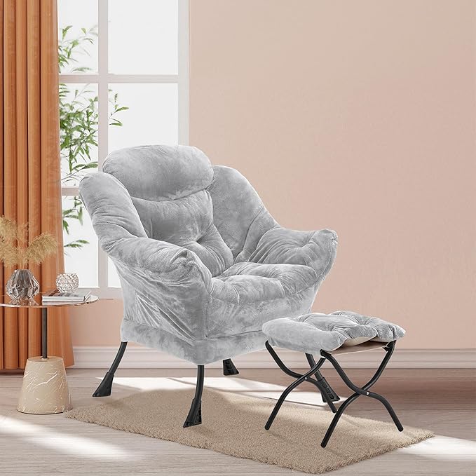 Lazy Chair with Folding Ottoman, Accent Chair Plush Upholstered with Metal - Image 2