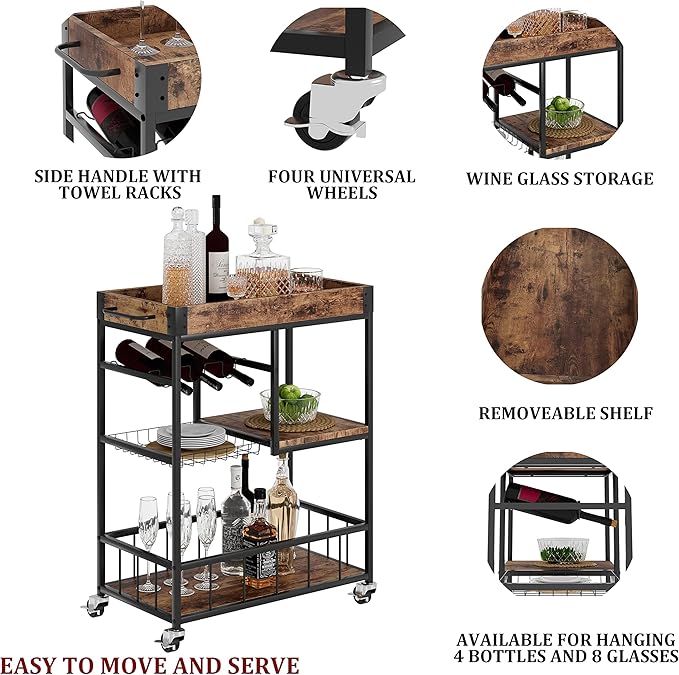 Bar Cart with Basket 3 Tiers Home Rolling Wine Rack with Wheels Mobile Kitchen - Image 7