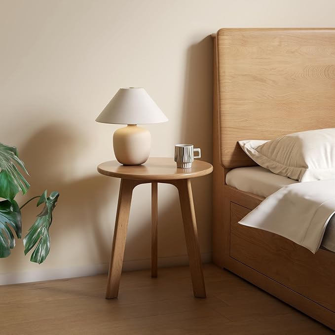 100% Solid Oak Round Side Table Set of 2, Small Bedside Table - Image 2