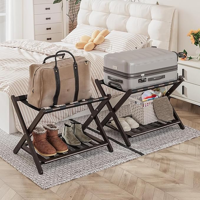 Pack of 2 Fully Assembled Bamboo Luggage Racks, Folding Suitcase Stand by SmartFENDEE
