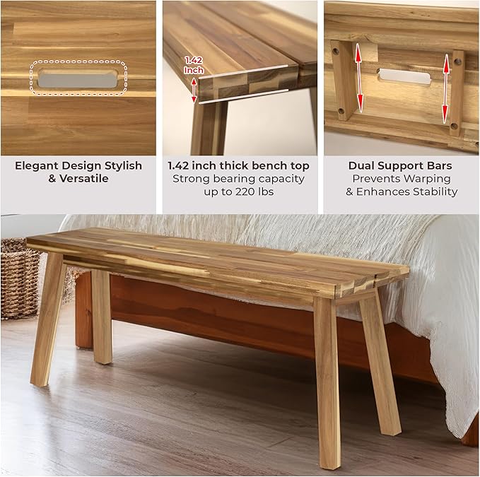 Bench 100% Solid Acacia Wood, Wax Galvanized Finish, Easy Assembly, End Table - Image 4