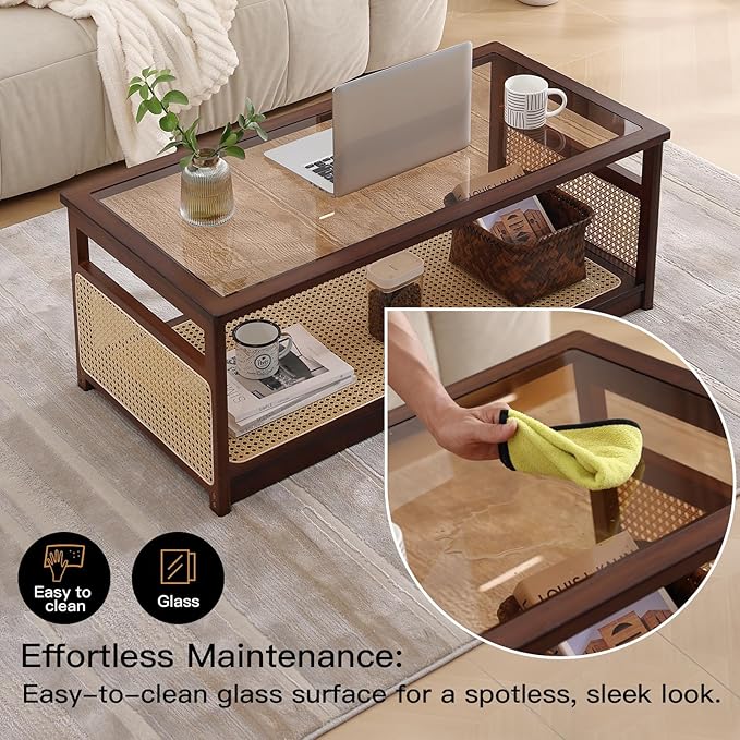 Welnow Rattan Coffee Tables for Living Room, Modern 2-Tier Coffee Table - Image 4