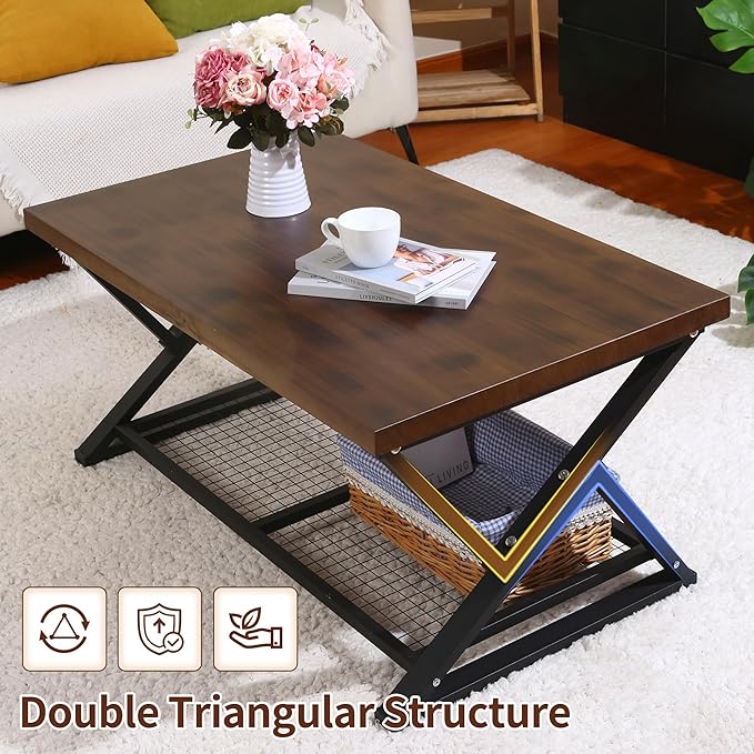 EASYSOUL Coffee Table with Storage Shelf, Solid Wood Top with Black Metal - Image 8