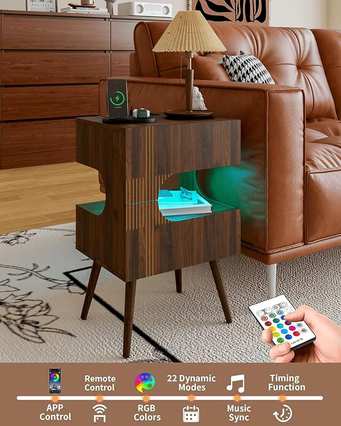 Nightstand with Charging Station and LED Lights, Modern Bedside Table with 2 - Image 4
