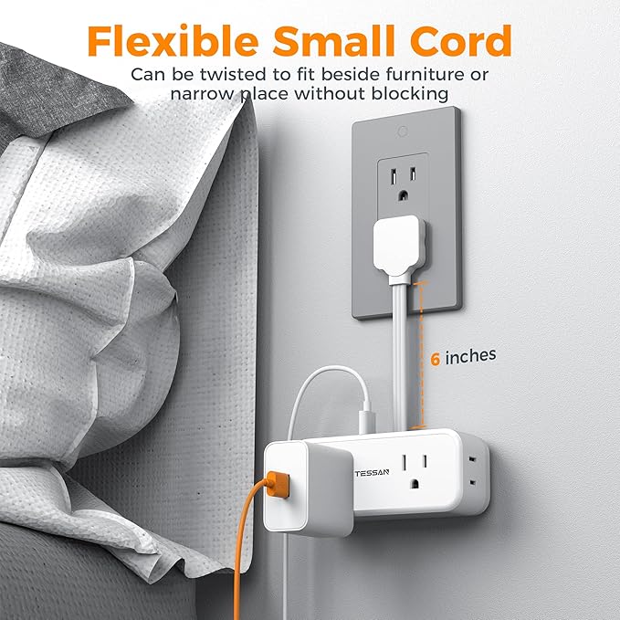 Small Extension Cord 6 inch, TESSAN Thin Flat Plug Power Strip - Image 2