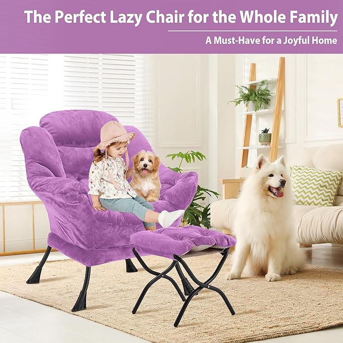 Lazy Chair with Folding Ottoman, Accent Chair Plush Upholstered with Metal - Image 4