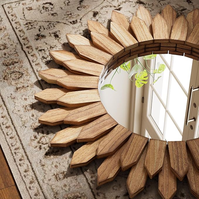 20 Inch Brown Boho Wall Decor Sunburst Mirror - Image 3