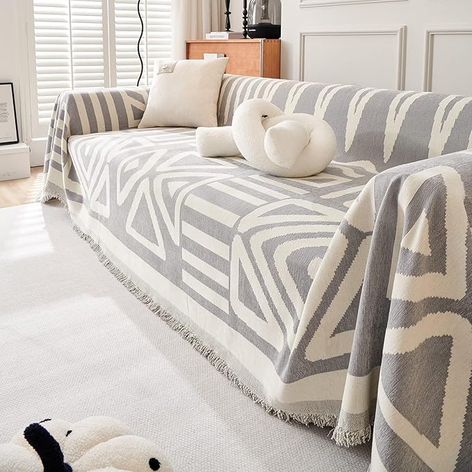 STACYPIK Boho Geometric Sofa Cover Chenille Gray White Cream Triangle Couch - Image 9