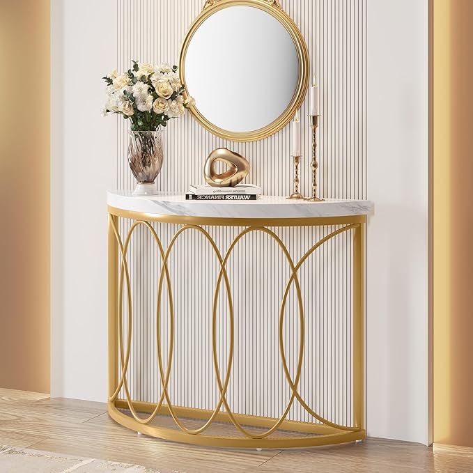 LITTLE TREE Half Moon Gold Console Table, 43 Inch Modern Faux Marble Entryway - Image 8