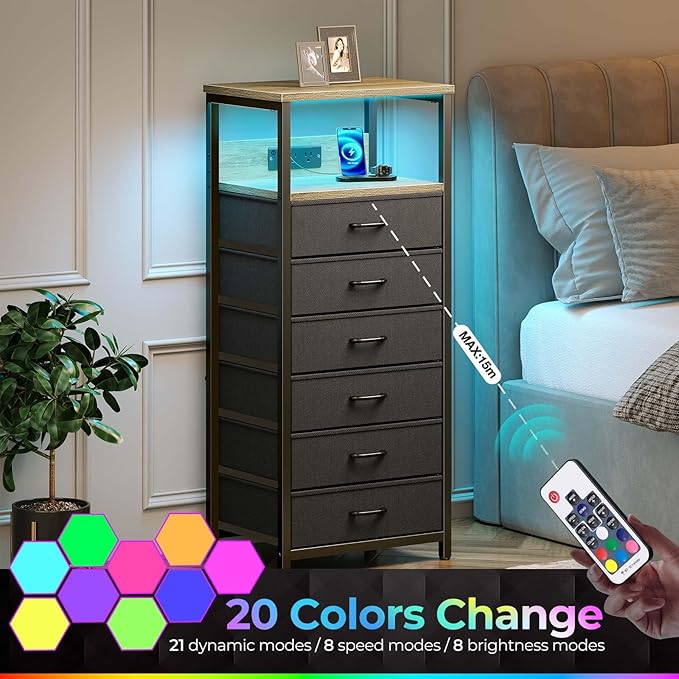 Seventable Night Stand with Charging Station, Tall Nightstand with 6 Fabric - Image 6