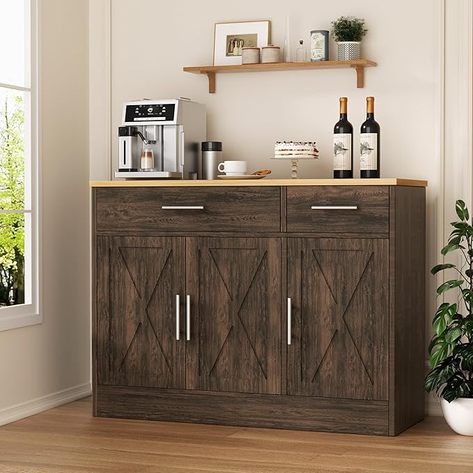 Shintenchi 3 Doors Farmhouse Sideboard Buffet Cabinet, Wood Coffee Bar Cabinet by Shintenchi