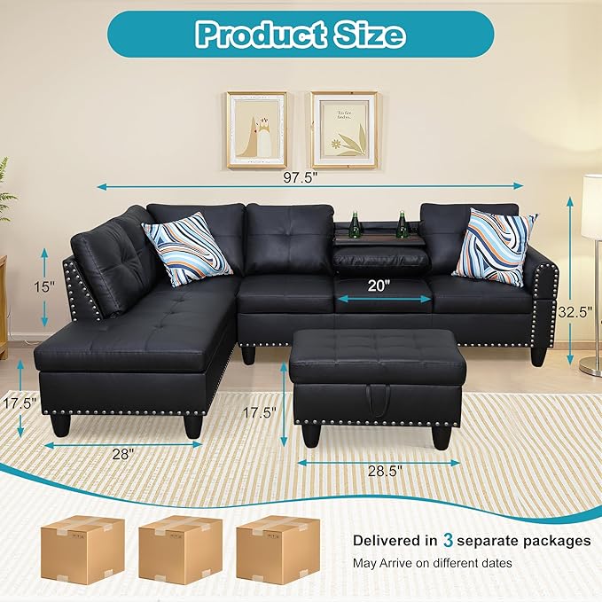 L Shaped Couch Faux Leather Sectional Couch Upholstered 3 Pieces Sofas - Image 2
