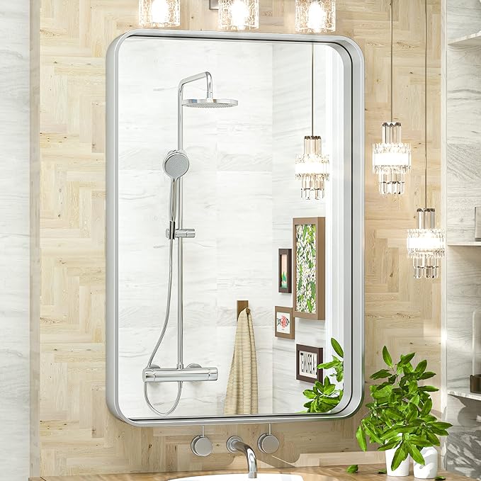 TokeShimi 20 x 30 Inch Silver Bathroom Wall Mirror Vanity Metal Frame Round by RefinedBathroomAccessories