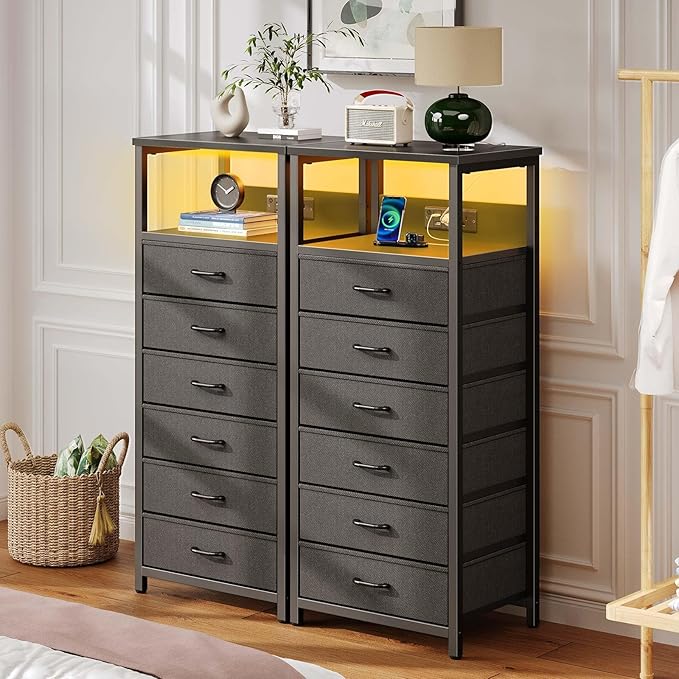 Seventable Night Stand with Charging Station, Tall Nightstand with 6 Fabric - Image 7