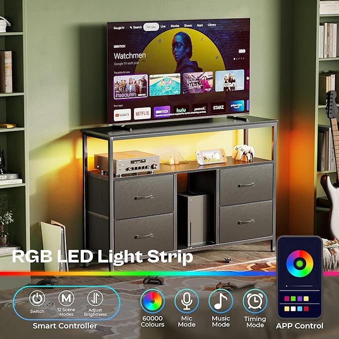 Huuger TV Stand Dresser with Power Outlets and LED Lights, 4 Drawers - Image 2