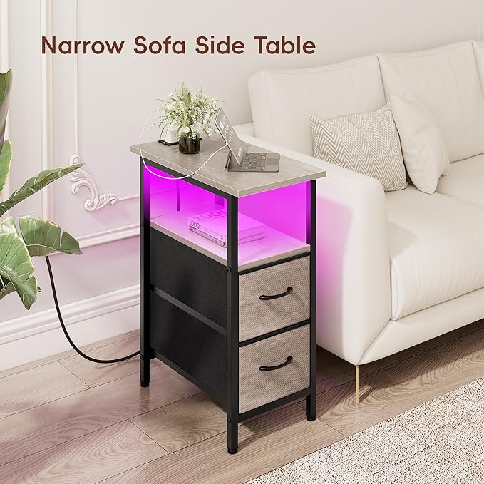 Vagusicc Nightstand with Charging Station and LED Lights, Narrow Side Table - Image 7