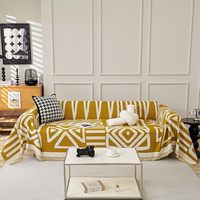 STACYPIK Mustard Yellow Boho Sofa Cover Couch Cover Reversible Jacquard by STACYPIK