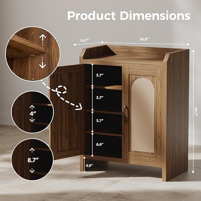 Shoe Cabinet Storage for Entryway, Natural Rattan Storage Cabinet, Wooden Shoe - Image 2