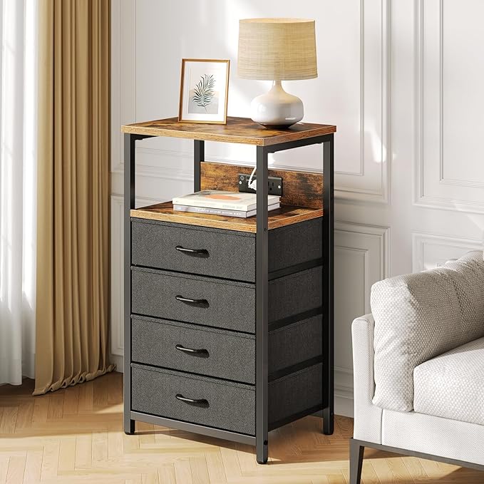 Seventable Night Stand with Charging Station, Tall Nightstand with 4 Fabric - Image 7