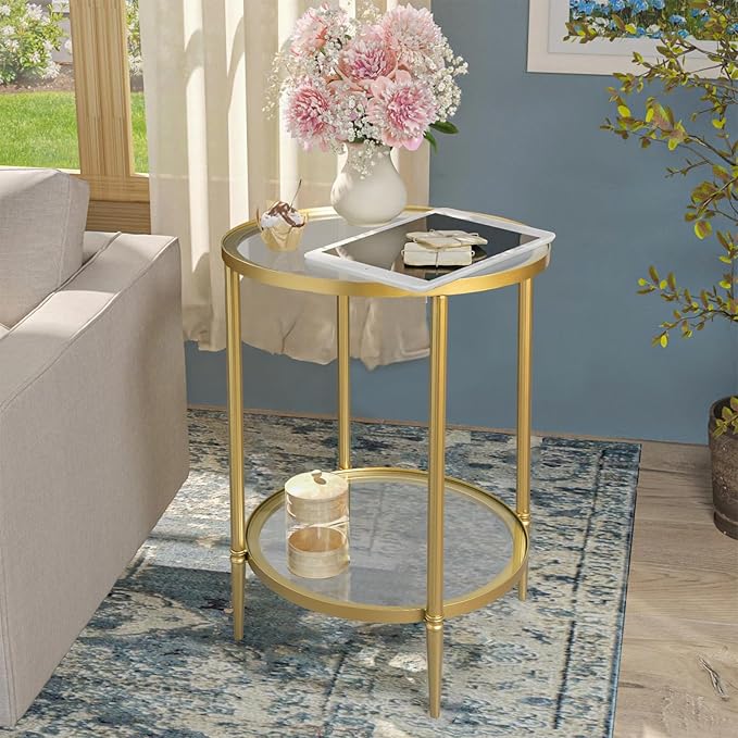 2 Tier Round Side Table, Modern Metal Clear Coffee Tables, Small Accent Tables - Image 2