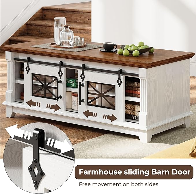 IRONCK 48'' Coffee Table with Sliding Barn Doors, Rustic Center Table with 6 - Image 4