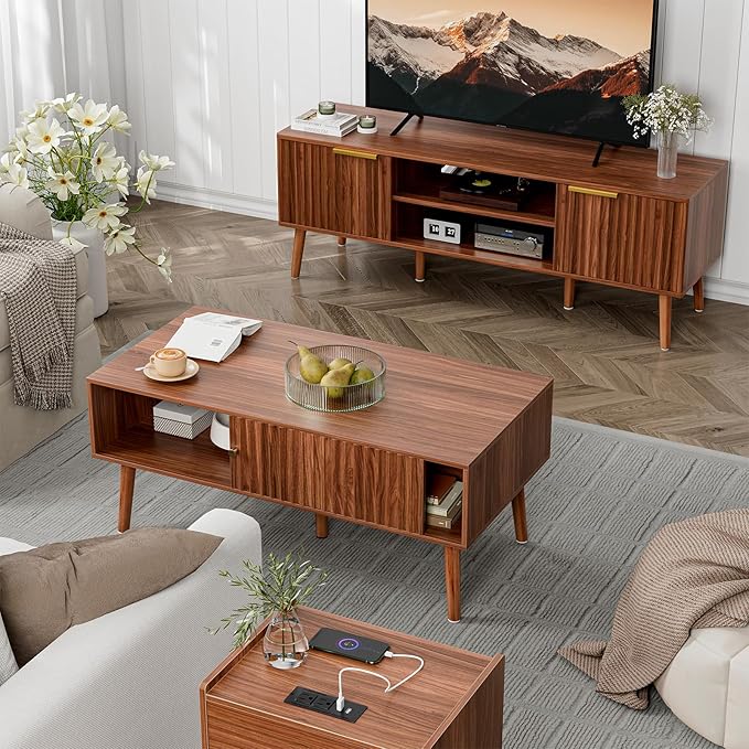 Coffee Table with Storage, Mid Century Dining Table with Sliding Fluted Door - Image 4