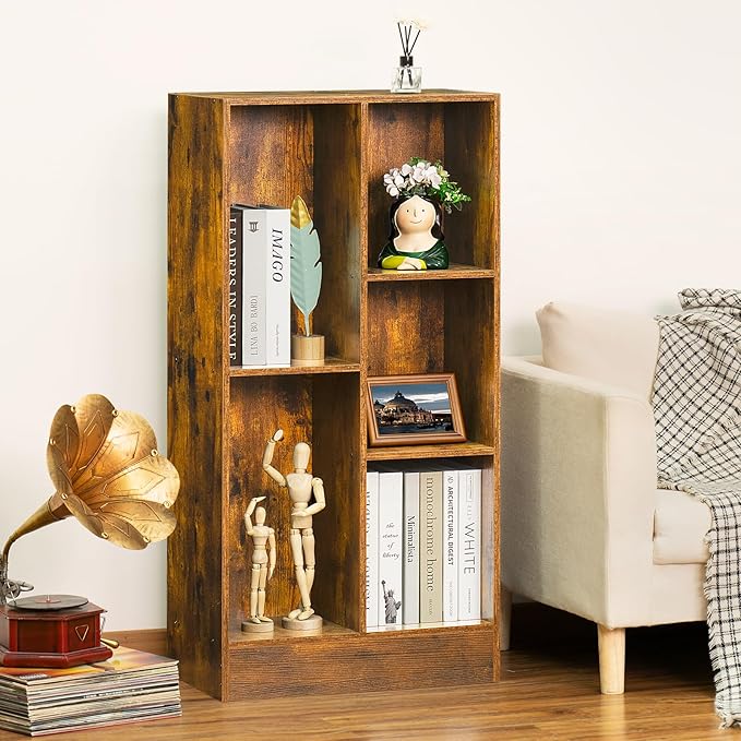 LEYAOYAO 5 Cube Mid-Century Modern Brown Wood Bookcase, 3 Tier Storage - Image 4