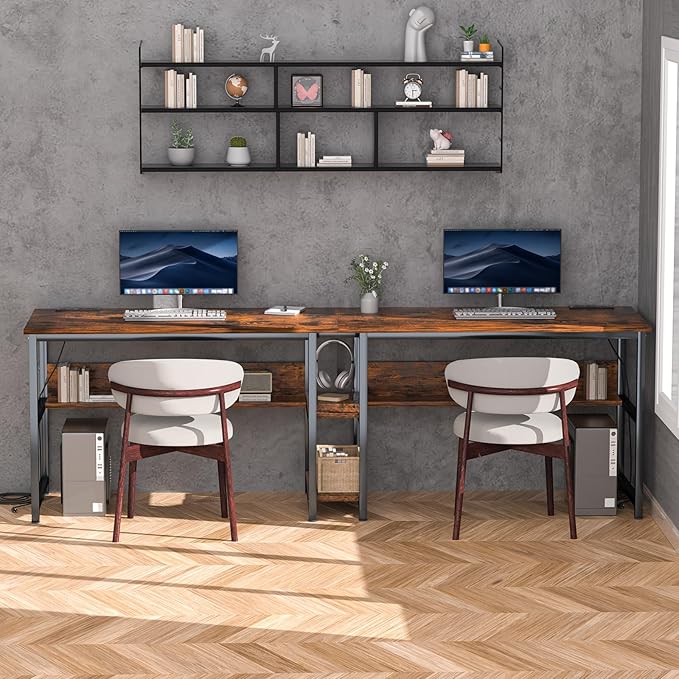 78.74" Two Person Desk with 2 Power Strips, Double Desk with Shelves, Long - Image 3
