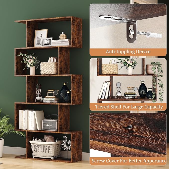 Yusong Bookshelf 5-Tier, Geometric Bookcase S Shaped Book Shelves - Image 5
