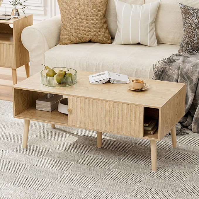 Coffee Table with Storage, Boho Dining Table with Sliding Fluted Door and Solid by Unknown