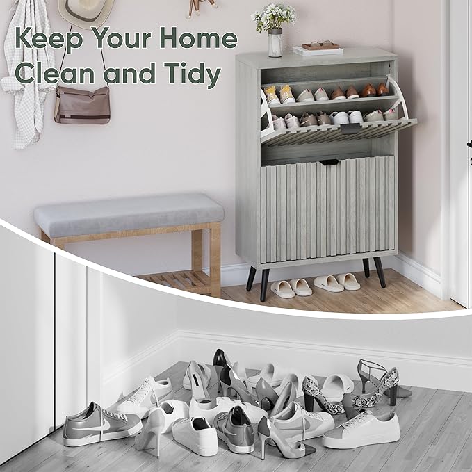 Smuxee Shoe Cabinet with 2 Flip Drawers, 23.6" Grey Hidden Shoe Storage Cabinet - Image 7