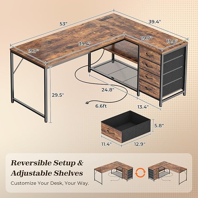 PRAISUN 53" L Shaped Desk with Power Outlets and USB-C Port, Reversible - Image 2