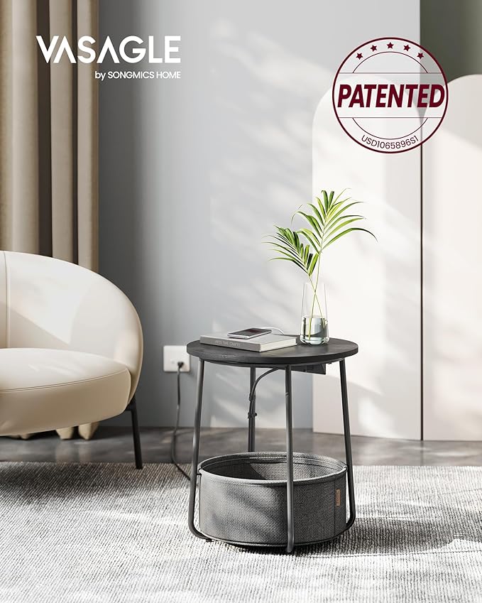 VASAGLE Side Table with Charging Station, Round End Table with Fabric Basket - Image 2