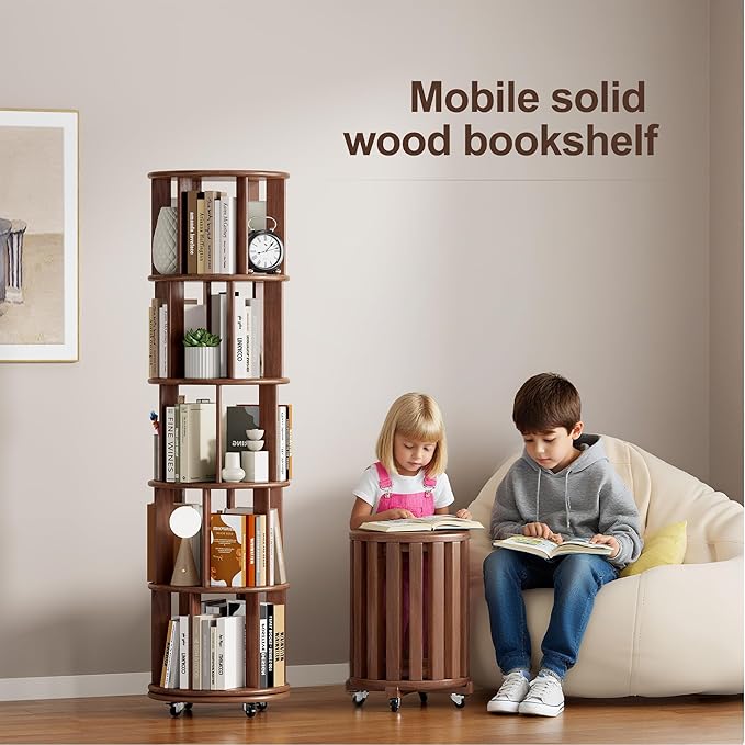 KEIKI 5 Tier Rotating Bookshelf on Wheels, Solid Wood Revolving Bookcase - Image 5