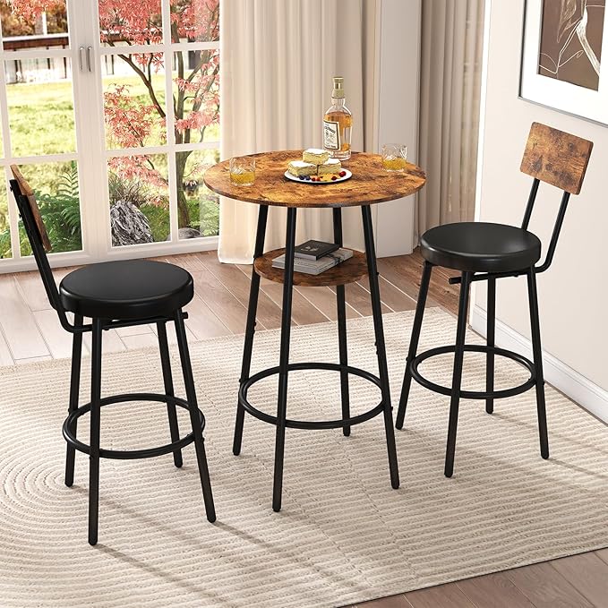3 Pieces Round Bar Table Set, Small Dining Table by Zevemomo