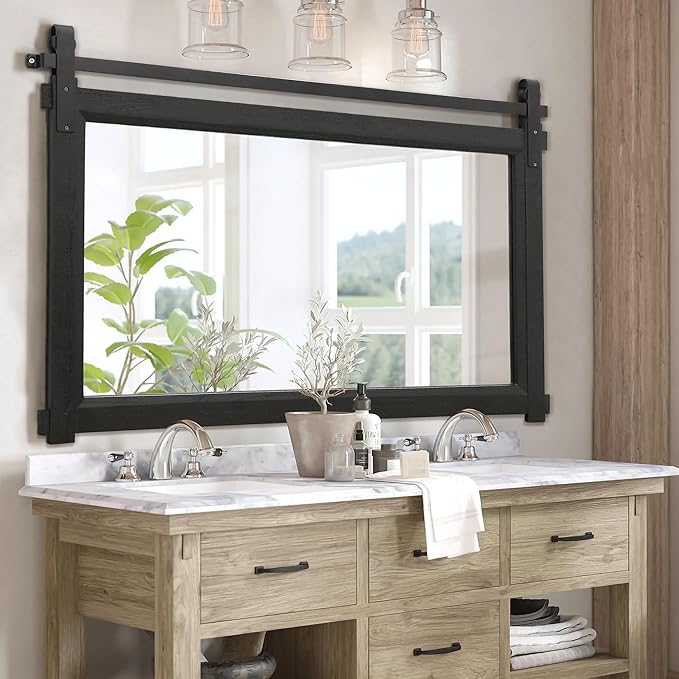 Bathroom Barn Door Mirror: 42"x28" Black Farmhouse Wood Frame by Besdomus