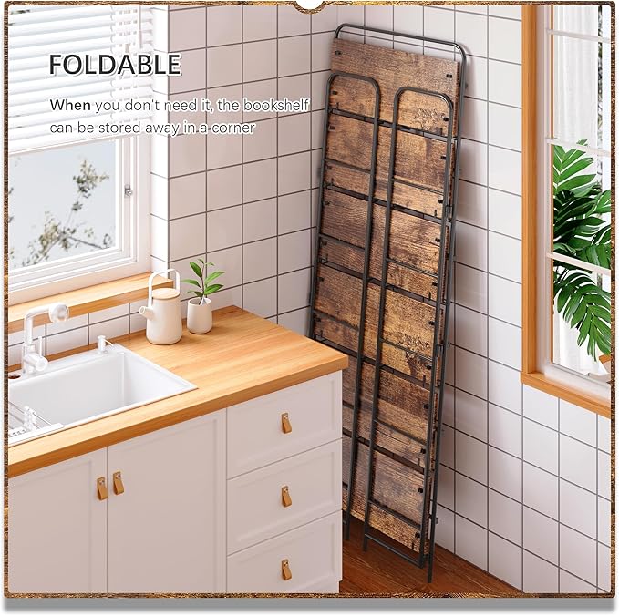 4NM No Assembly Folding Bookshelf 6 Tiers Vintage Industrial Black Book Shelf - Image 4