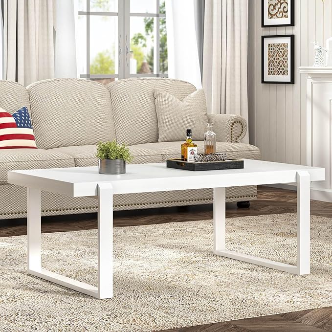 FOLUBAN White Coffee Table, Modern Rustic Wood and Metal Center Table, by FOLUBAN