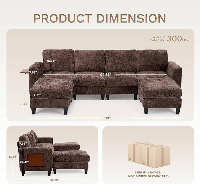 COLAMY 118" U-Shaped Sectional Couch, 4-Seat Modular Sofa - Image 2
