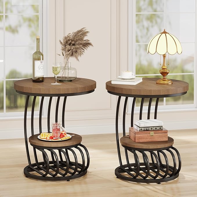 Tribesigns Round End Side Table: 2 Tiers Side Table Set of 2, Vintage End Table by Tribesigns