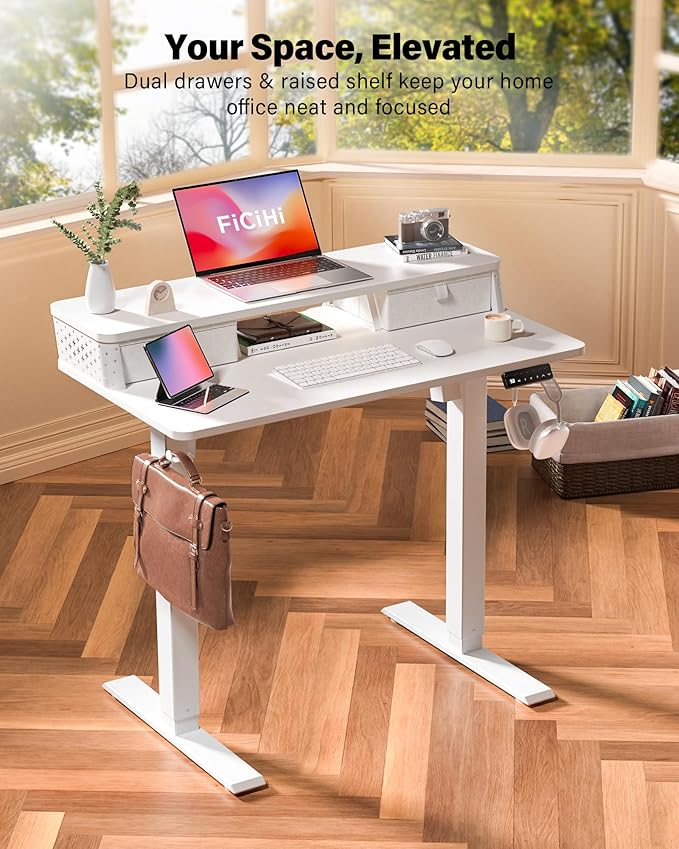 35x20 Inch Standing Desk with Double Drawers, C-Clamp Mount Compatible - Image 2