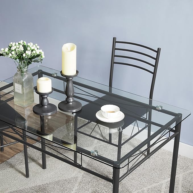 VECELO 5-Piece Kitchen Dining Table Set, Glasses Tabletop & Heavy-Duty Metel - Image 3