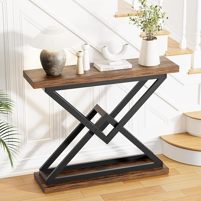 JUSTOGO 39.4" Console Table, Industrial Entryway Table Triangle Design - Image 9