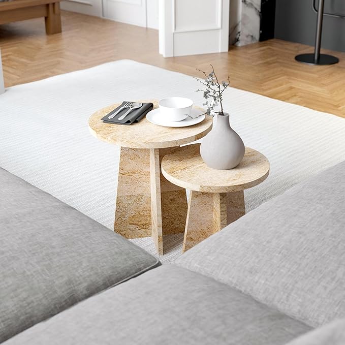 Travertine Efect Round Nesting Coffee Table Set of 2 Modern Coffee Table Small - Image 2