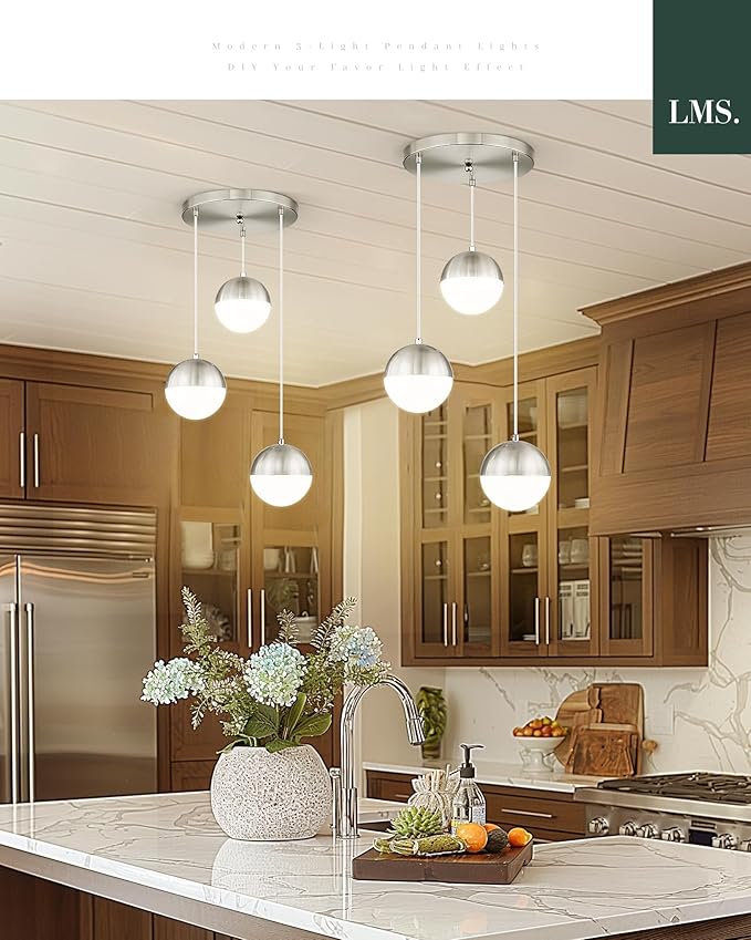 LMS Modern Brushed Nickel 3-Light Cluster Pendant Lights, Mid Century Pendant - Image 8