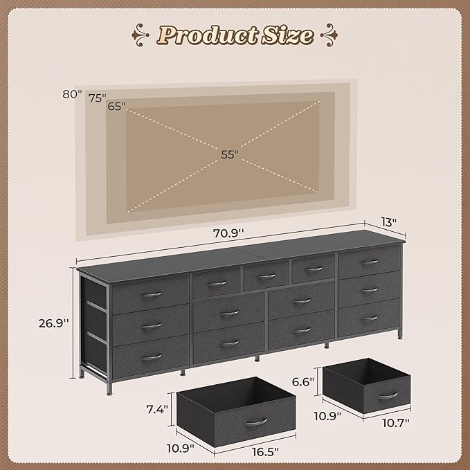 Huuger 70 Inch Black Dresser for Bedroom, TV Stand for 65, 80 Inch TV, 13 - Image 3