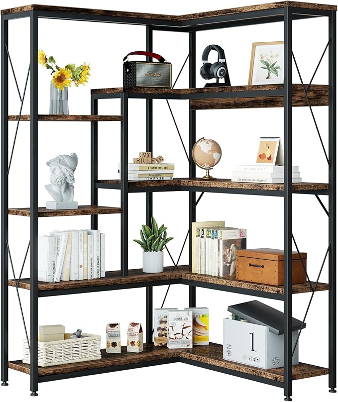 Shintenchi 5 Tiers Corner Bookshelf, 70.86" Tall L-Shaped Bookcase, Large by Shintenchi