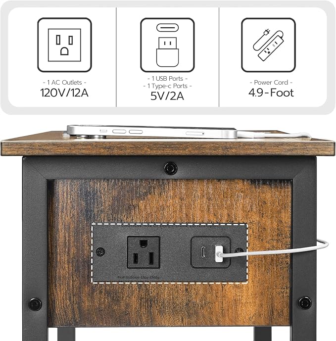 HOOBRO End Table with Charging Station, Flip Top Narrow Side Table with Storage - Image 7