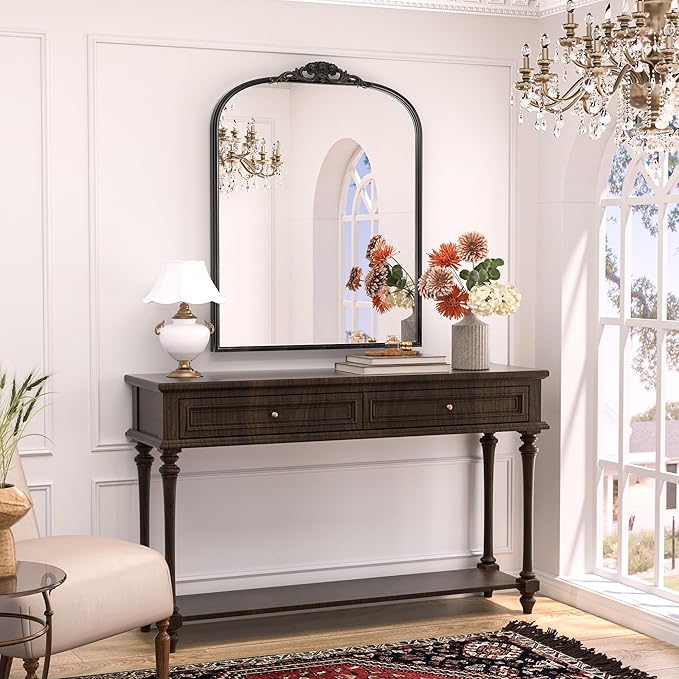 Keonjinn Vintage Arched Wall Mirror 30" x 36", Ornate Baroque Decoration - Image 2