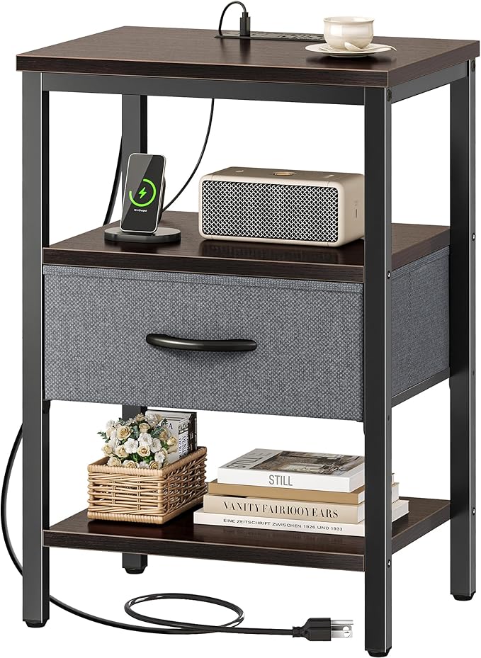 SUPERJARE Nightstand with Charging Station, Bed Side Table with Adjustable by SUPERJARE